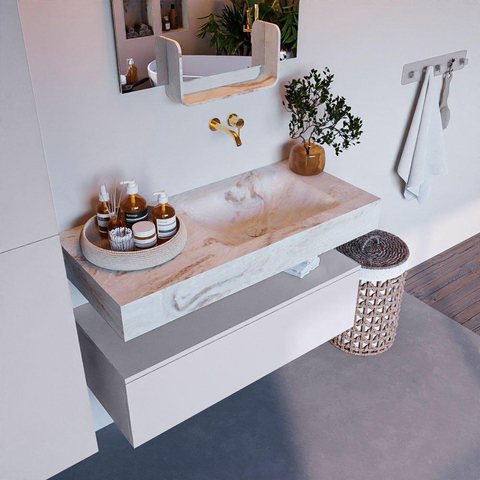 Mondiaz ALAN-DLUX Ensemble de meuble - 100cm - meuble Cale mat - 1 tiroir - Lavabo Cloud Frappe suspendu - vasque Droite - 0 trous de robinet SW805281