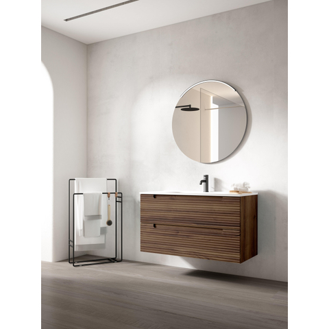 Saniclass Prime Balance Meuble de salle de bain - 100x55x45cm - 1 vasque rectangulaire en céramique blanc - 1 trou de robinet - 2 tiroirs - miroir rectangulaire - noyer SW1159474
