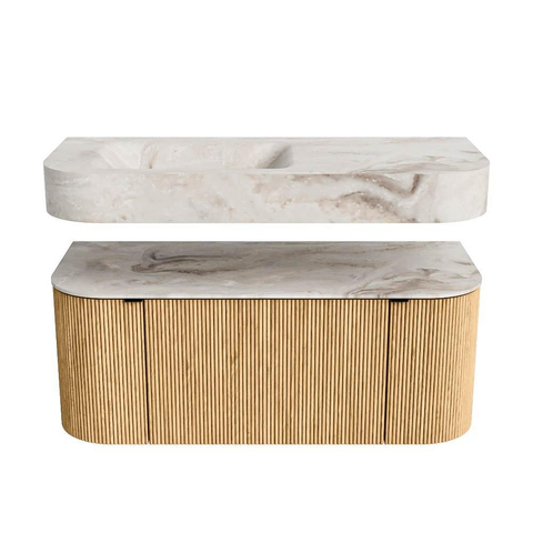 MONDIAZ THOR-DLUX 110cm badmeubel ronding links + rechts kleur Oak met 1 lade en 2 deuren. Vrijhangende wastafel CLOUD Links zonder kraangat kleur Frappe. SW1462723