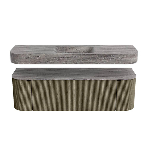 MONDIAZ THOR-DLUX 150cm meuble de salle de bains arrondi gauche + droite couleur Shadow avec 1 tiroir et 2 portes. Vasque suspendue CLOUD Milieu 1 trou de robinet couleur Oza. SW1464854