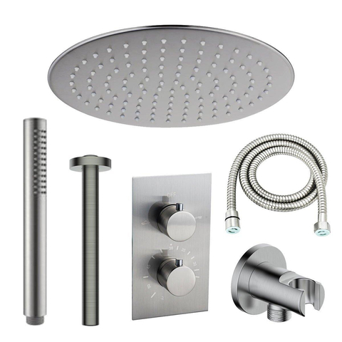 Fortifura Calvi Inbouw Regendoucheset - thermostatisch - plafondarm - 30cm - hoofddouche - staaf handdouche - metalen doucheslang - PVD - geborsteld RVS SW1412058