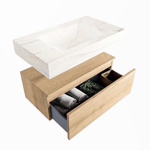 Mondiaz ALAN-DLUX Ensemble de meuble - 80cm - meuble Washed Oak mat - 1 tiroir - Lavabo Cloud Ostra suspendu - vasque Centre - 0 trous de robinet SW809192