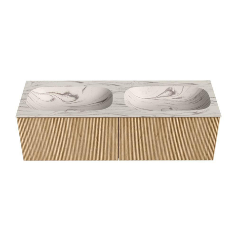 MONDIAZ KURVE-DLUX Meuble de salle de bains 140 cm couleur Oak avec 2 tiroirs et 0 portes. Lavabo STOR SMALL Double sans trou de robinet Nata. SW1432127