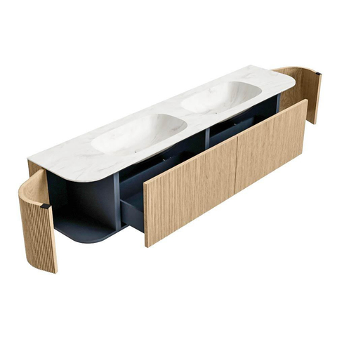 MONDIAZ KURVE-DLUX 200cm badmeubel met module 25 Len R kleur Oak met 2 lades en 2 deuren. Wastafel STOR SMALL dubbel 2 kraangaten kleur Ostra. SW1137839