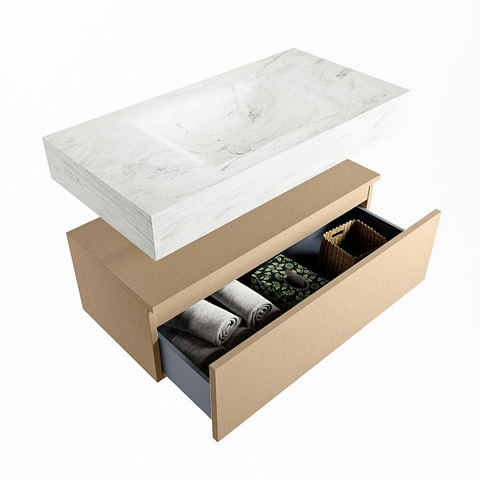 Mondiaz ALAN-DLUX Ensemble de meuble - 90cm - meuble Oro mat - 1 tiroir - Lavabo Cloud Opalo suspendu - vasque Centre - 1 trou de robinet SW806867