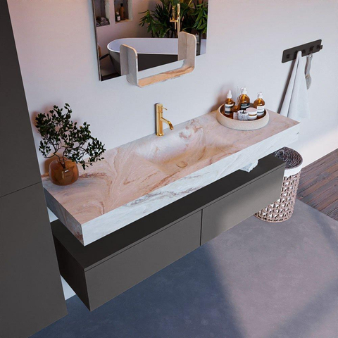 Mondiaz ALAN-DLUX Ensemble de meuble - 150cm - meuble Dark grey mat - 2 tiroirs - Lavabo Cloud Frappe suspendu - vasque Centre - 1 trou de robinet SW805085