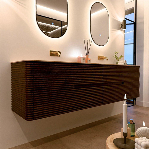 Mondiaz CIRO-DLUX Ensemble de meubles de salle de bains - 190x45x50cm - Plan vasque solid surface Arena - 2 vasques double - sans trous de robinetterie - 4 tiroirs - Noyer SW1530517