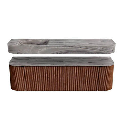 MONDIAZ THOR-DLUX 160cm meuble de salle de bains arrondi gauche + droite couleur Ruby avec 1 tiroir et 2 portes. Vasque suspendue CLOUD gauche sans trou de robinet couleur Sombra. SW1465386