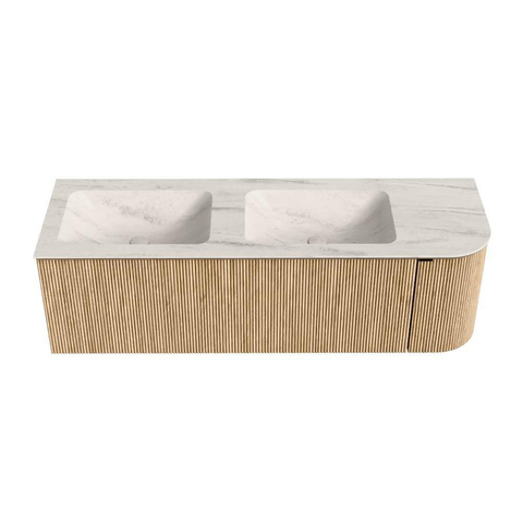 MONDIAZ KURVE-DLUX Meuble de salle de bains 145cm arrondi Droite couleur Chêne avec 1 tiroir et 1 porte. Lavabo LEAF Double / Gauche sans trou de robinet Meli. SW1431620