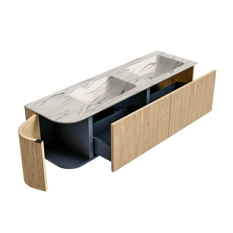 MONDIAZ KURVE-DLUX Meuble de salle de bains 155cm arrondi à gauche couleur Oak avec 2 tiroirs et 1 porte. Lavabo LEAF Double / Droite sans trou de robinet Nata. SW1432115