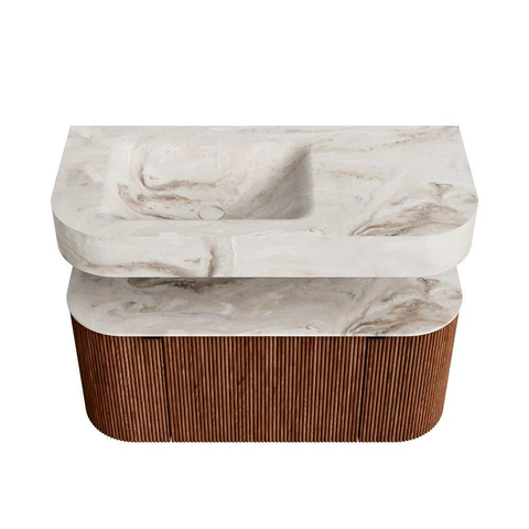 MONDIAZ THOR-DLUX 100cm meuble de salle de bains arrondi gauche + droite couleur Ruby avec 1 tiroir et 2 portes. Vasque suspendue CLOUD Gauche sans trou de robinet couleur Frappe. SW1467357
