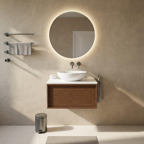 Saniclass Holz Frame Badkamermeubelset - 80x45x42.5cm - Torino solid surface topblad wit - zonder kraangat - 1 lade - mat walnut pure (hout) SW1478699