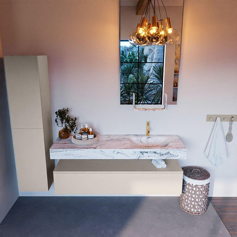 Mondiaz ALAN-DLUX Ensemble de meuble - 150cm - meuble Linen mat - 1 tiroir - Lavabo Cloud Glace suspendu - vasque Droite - 1 trou de robinet SW806030