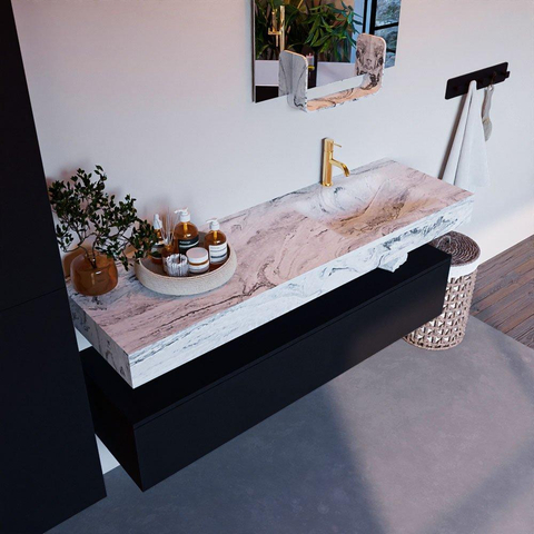 Mondiaz ALAN-DLUX Ensemble de meuble - 150cm - meuble Urban mat - 1 tiroir - Lavabo Cloud Glace suspendu - vasque Droite - 1 trou de robinet SW805367