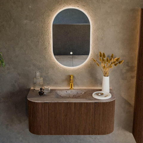 MONDIAZ KURVE-DLUX 100cm badmeubel ronding Links + Rechts kleur Walnut met 1 lade en 2 deuren. Wastafel GRUNNE Midden 1 kraangat Oza. SW1432704