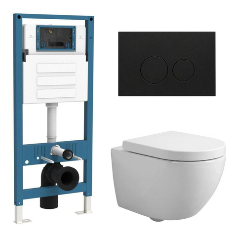 QeramiQ Dely Swirl Compact Toiletset - inbouwreservoir QeramiQ flush - 25mm zitting - metalen bedieningsplaat mat zwart - ronde knoppen - glans wit SW1590594