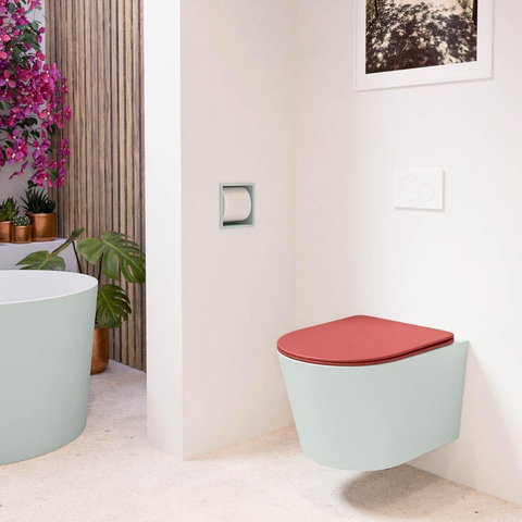 Mondiaz LAVIE hangtoilet – spoelrandloos – 36 x 53 cm – met softclose zitting – Greey (lichtgroen/grijs), zitting Fire (rood) SW1208617