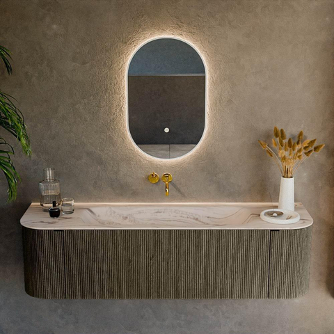 MONDIAZ KURVE-DLUX Meuble de salle de bains 160cm courbure Gauche + Droite couleur Shadow avec 1 tiroir et 2 portes. Lavabo BIG MEDIUM Centre sans trou de robinet Nata. SW1432295