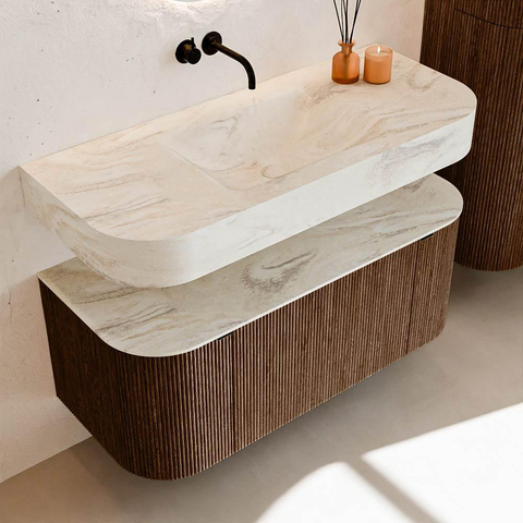 MONDIAZ THOR-DLUX 110cm badmeubel ronding links + rechts kleur Walnut met 1 lade en 2 deuren. Vrijhangende wastafel CLOUD Midden zonder kraangat kleur Ostra. SW1462765