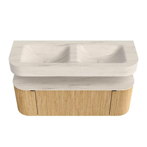 MONDIAZ THOR-DLUX 130cm meuble de salle de bains arrondi gauche + droite couleur Chêne avec 1 tiroir et 2 portes. Vasque suspendue CLOUD Double sans trou de robinet couleur Meli. SW1463784
