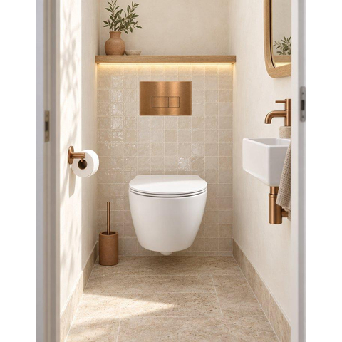 Pack WC QeramiQ Dely Swirl Compact - réservoir encastrable Geberit UP320 - avec bâti-support Burda - abattant slim - plaque de commande en métal cuivre - boutons rectangulaires - blanc mat SW1595640