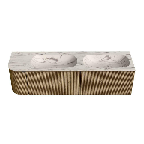 MONDIAZ KURVE-DLUX Meuble de salle de bains 165cm arrondi à gauche couleur Dusk avec 2 tiroirs et 1 porte. Lavabo STOR SMALL Double / Droite sans trou de robinet Nata. SW1432427