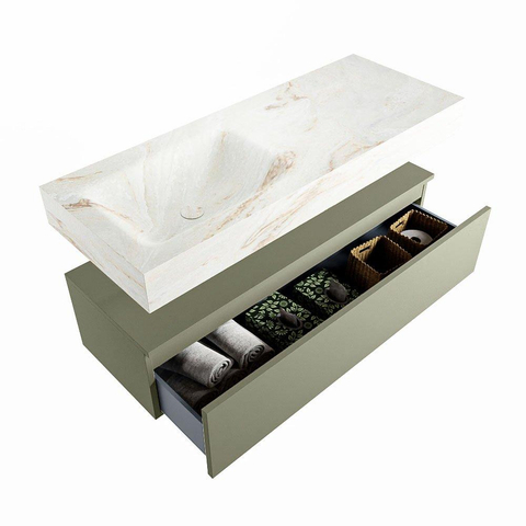Mondiaz ALAN-DLUX Ensemble de meuble - 120cm - meuble Army mat - 1 tiroir - Lavabo Cloud Frappe suspendu - vasque Gauche - 0 trous de robinet SW805543