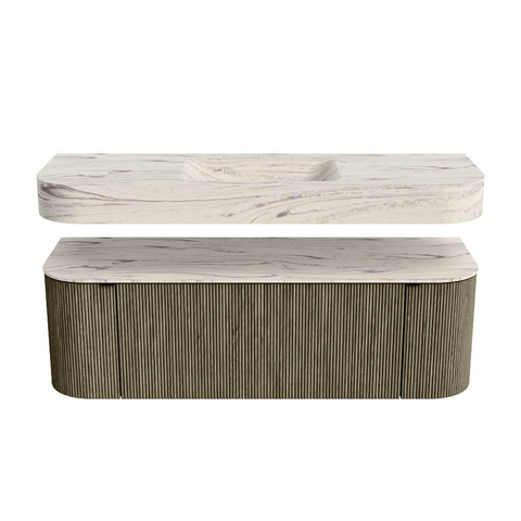 MONDIAZ THOR-DLUX 140cm badmeubel ronding links + rechts kleur Shadow met 1 lade en 2 deuren. Vrijhangende wastafel CLOUD Midden zonder kraangat kleur Nata. SW1464267