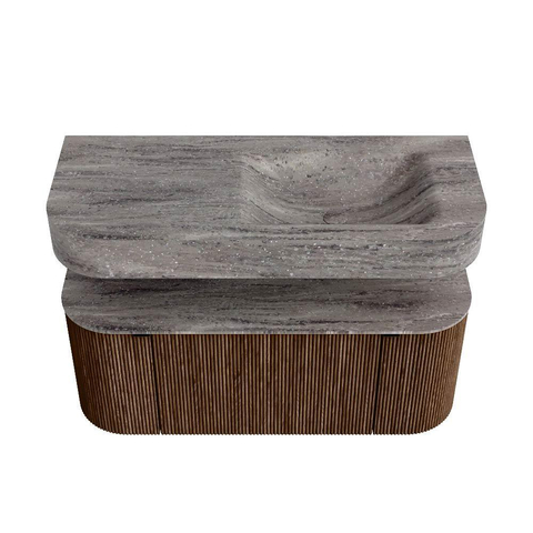 MONDIAZ THOR-DLUX 110cm badmeubel ronding links + rechts kleur Walnut met 1 lade en 2 deuren. Vrijhangende wastafel CLOUD Rechts 1 kraangat kleur Oza. SW1462975
