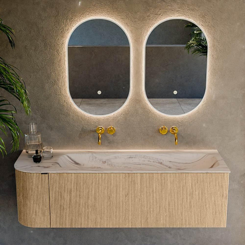 MONDIAZ KURVE-DLUX 145cm badmeubel ronding Links kleur Oak met 1 lade en 1 deur. Wastafel BIG LARGE Rechts zonder kraangat Nata. SW1432105