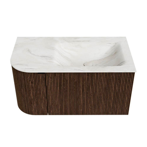MONDIAZ KURVE-DLUX 85cm badmeubel met module 25 L kleur Walnut met 1 lade en 1 deur. Wastafel CLOUD rechts 1 kraangat kleur Ostra. SW1137808