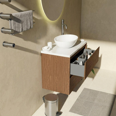 Saniclass Holz Pure Badkamermeubelset - 80x45x63cm - Travertine natuurstenen topblad - 1 kraangat - 2 lades - mat walnut pure (hout) SW1478850