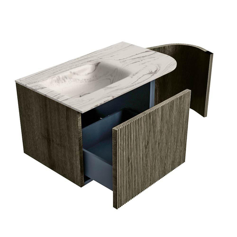 MONDIAZ KURVE-DLUX Meuble de salle de bains 75 cm arrondi à droite couleur Shadow avec 1 tiroir et 1 porte. Lavabo GRUNNE à gauche sans trou de robinet Nata. SW1432244