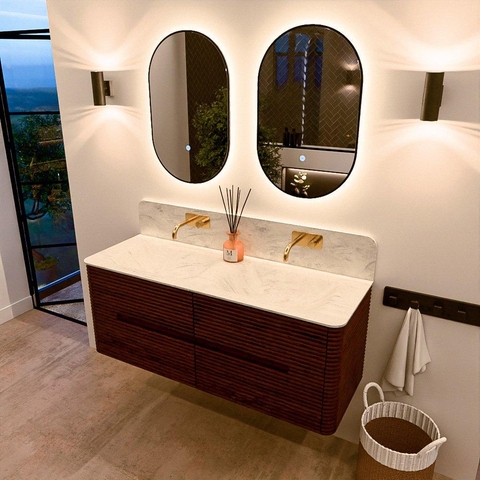 Mondiaz CIRO-DLUX Ensemble de meubles de salle de bains - 130x45x50cm - lavabo solid surface Opalo - 2 vasques double - sans trous de robinet - 4 tiroirs - Ruby SW1531509