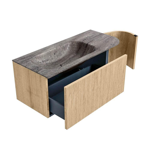 MONDIAZ KURVE-DLUX 105cm badmeubel ronding Rechts kleur Oak met 1 lade en 1 deur. Wastafel BIG SMALL Links 1 kraangat Oza. SW1432617
