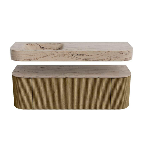 MONDIAZ THOR-DLUX Meuble de salle de bains 140cm arrondi gauche + droite couleur Dusk avec 1 tiroir et 2 portes. Vasque suspendue CLOUD Gauche 1 trou de robinet couleur Arena. SW1464351