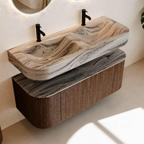 MONDIAZ THOR-DLUX 120cm meuble de salle de bains arrondi gauche + droite couleur Walnut avec 1 tiroir et 2 portes. Vasque suspendue CLOUD Double 2 trous de robinet couleur Sombra. SW1463651