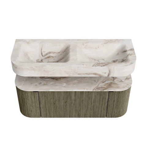 MONDIAZ THOR-DLUX Meuble de salle de bains 120cm arrondi gauche + droite couleur Shadow avec 1 tiroir et 2 portes. Vasque suspendue CLOUD Double sans trou de robinet couleur Frappe. SW1463149