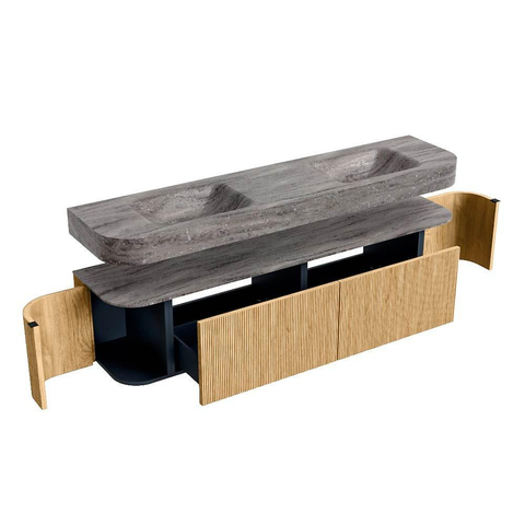 MONDIAZ THOR-DLUX Meuble de salle de bains - 190cm - arrondi gauche + droite - couleur Oak - 2 tiroirs et 2 portes - Vasque suspendue CLOUD Double sans trou de robinet - couleur Oza SW1466787