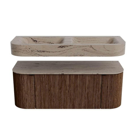 MONDIAZ THOR-DLUX 120cm meuble de salle de bains arrondi gauche + droite couleur Walnut avec 1 tiroir et 2 portes. Vasque suspendue CLOUD Double 2 trous de robinet couleur Arena. SW1463399