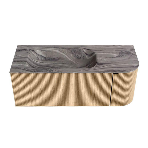 MONDIAZ KURVE-DLUX meuble de salle de bains 115cm arrondi à droite couleur chêne avec 1 tiroir et 1 porte. Lavabo BIG SMALL gauche 1 trou de robinet Sombra. SW1433565