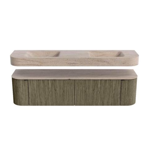 MONDIAZ THOR-DLUX Meuble de salle de bains 180cm arrondi gauche + droite couleur Shadow avec 2 tiroirs et 2 portes. Vasque suspendue CLOUD Double sans trou de robinet couleur Saba. SW1466260