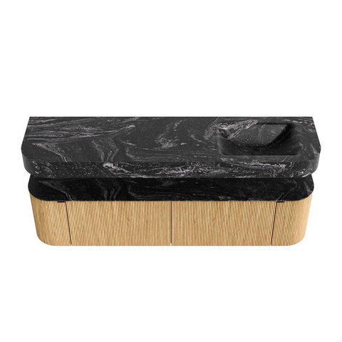 MONDIAZ THOR-DLUX 180cm badmeubel ronding links + rechts kleur Oak met 2 lades en 2 deuren. Vrijhangende wastafel CLOUD Rechts zonder kraangat kleur Lava. SW1465921