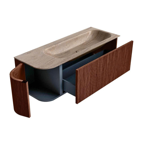 MONDIAZ KURVE-DLUX Meuble de salle de bains 125cm arrondi à gauche couleur Ruby avec 1 tiroir et 1 porte. Plan vasque BIG MEDIUM à droite sans trou de robinet Saba. SW1433620