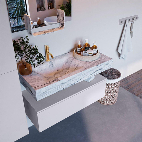 Mondiaz ALAN-DLUX Ensemble de meuble - 100cm - meuble Cale mat - 1 tiroir - Lavabo Cloud Glace suspendu - vasque Gauche - 1 trou de robinet SW806059