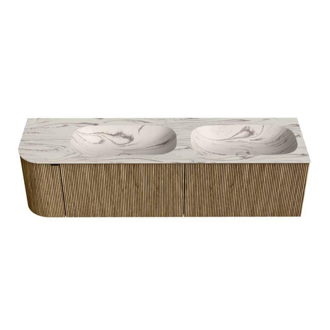 MONDIAZ KURVE-DLUX meuble de salle de bains 165cm arrondi à gauche couleur Dusk avec 2 tiroirs et 1 porte. Lavabo STOR SMALL double / droit 2 trous de robinet Nata. SW1432437