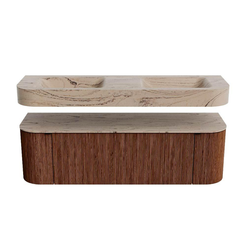 MONDIAZ THOR-DLUX 150cm meuble de salle de bains arrondi gauche + droite couleur Ruby avec 1 tiroir et 2 portes. Vasque suspendue CLOUD Double 2 trous de robinet couleur Arena. SW1464748