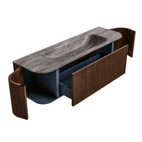 MONDIAZ KURVE-DLUX Meuble de salle de bains 150cm arrondi Gauche + Droite couleur Walnut avec 1 tiroir et 2 portes. Lavabo BIG MEDIUM Central 1 trou de robinet Oza. SW1432455