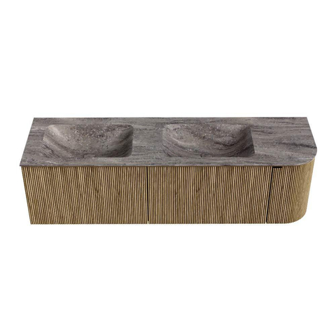 MONDIAZ KURVE-DLUX 155cm badmeubel ronding Rechts kleur Dusk met 2 lades en 1 deur. Wastafel LEAF Dubbel / Links zonder kraangat Oza. SW1433025