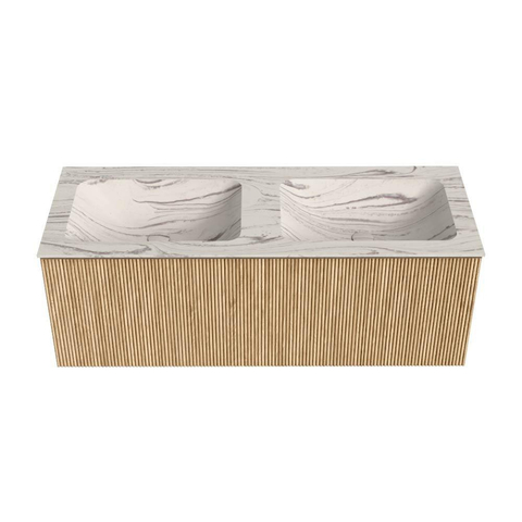 MONDIAZ KURVE-DLUX 120cm badmeubel kleur Oak met 1 lade en 0 deuren. Wastafel LEAF Dubbel zonder kraangat Nata. SW1432117